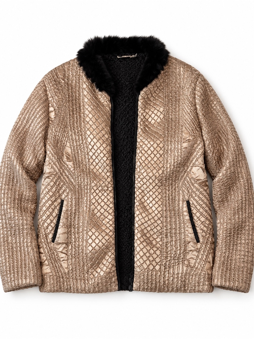 Offi Metallic Taupe Quilted Puffer with Black Faux-Fur Collar